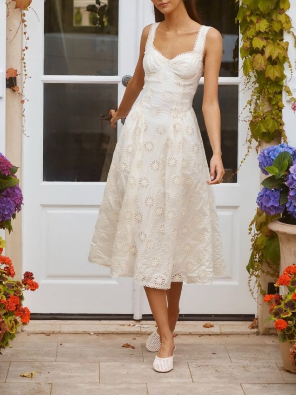 ASTR The Label Caerwyn Eyelet Embroidery Sweetheart Midi Dress